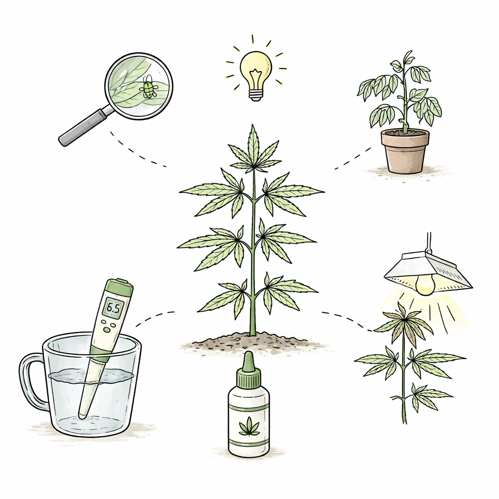 Cannabis plant with key growing factors like light, pH, nutrients and pest control