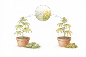 Cannabis Pflanzen mit zu früher und zu später Ernte sowie Darstellung von klaren, milchigen und bernsteinfarbenen Trichomen