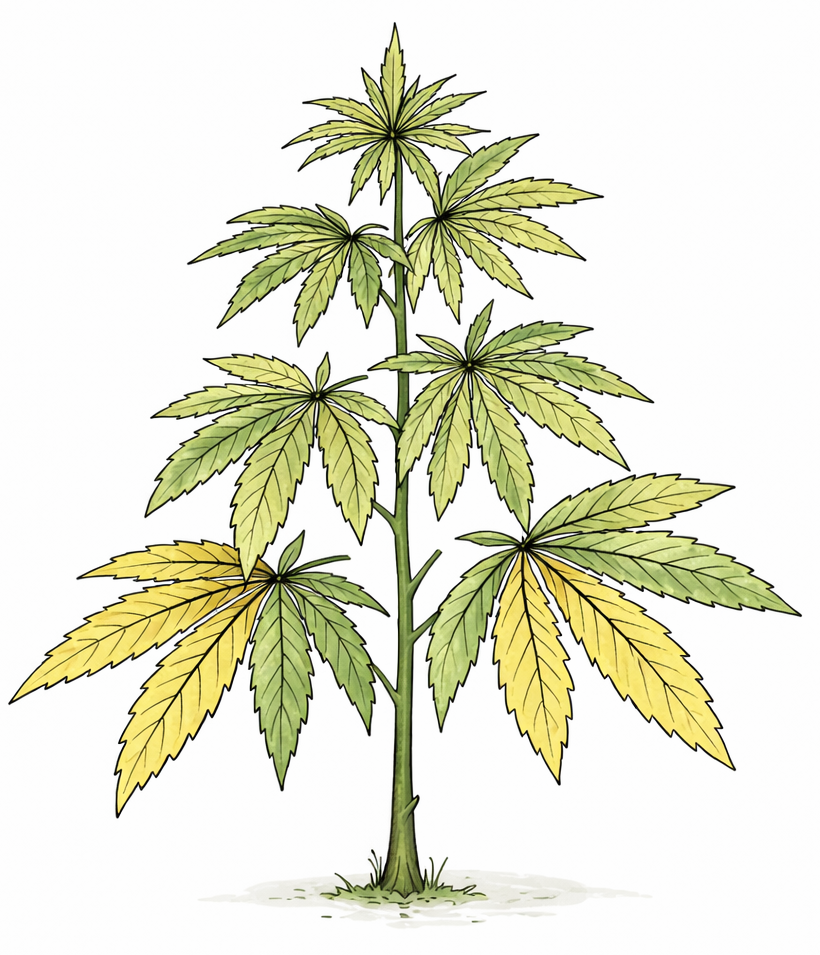 Cannabis leaves turning yellow: yellowing fan leaves on a cannabis plant, a sign to check the cause