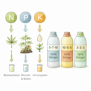 Darstellung von NPK Nährstoffen bei Cannabis mit Stickstoff, Phosphor und Kalium sowie verschiedenen Düngerflaschen mit NPK-Verhältnissen