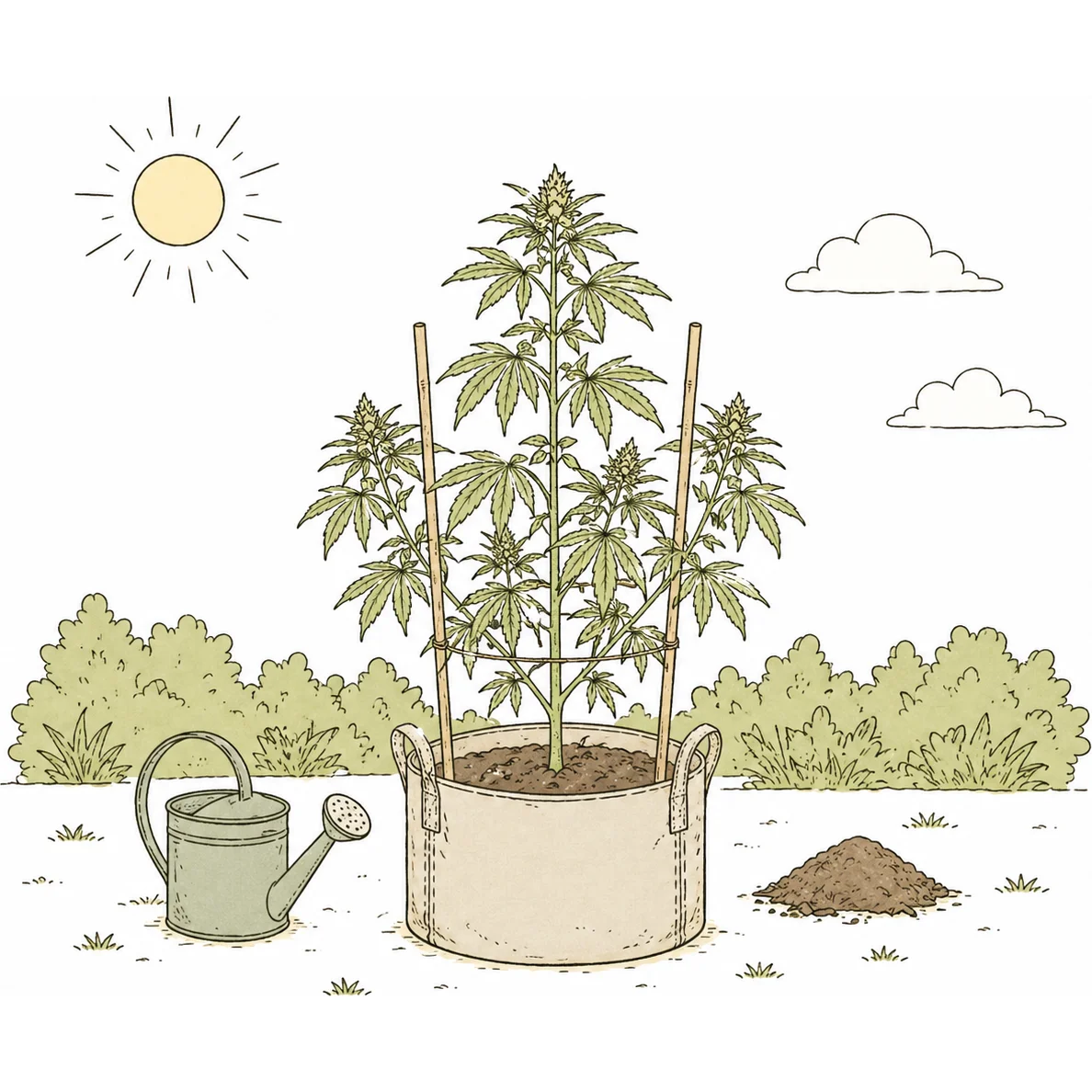 Cannabis Pflanze im Outdoor Anbau in Stofftopf mit Sonnenlicht