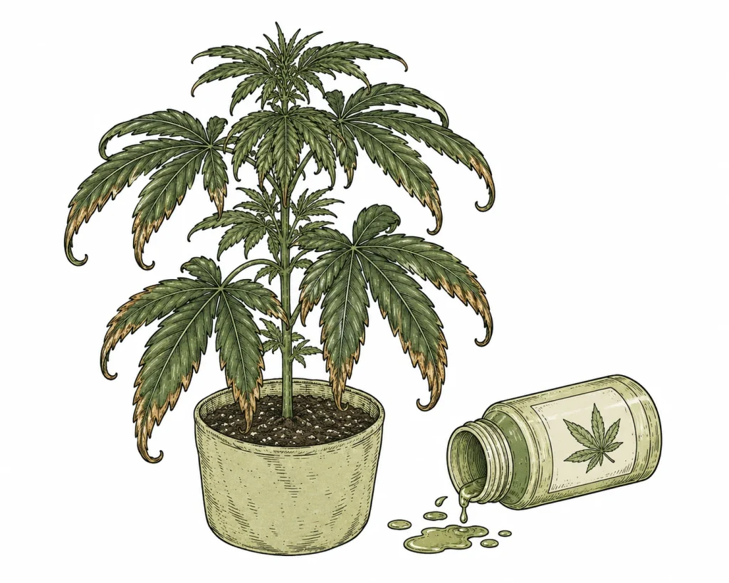 Cannabis nutrient burn: dark green clawing leaves with burnt brown tips