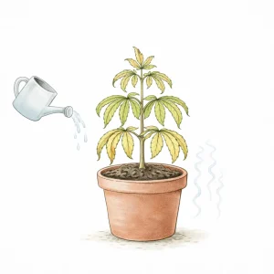Cannabis Pflanze mit hängenden nach unten gekrümmten Blättern durch Überwässerung sowie Darstellung von zu häufigem Gießen