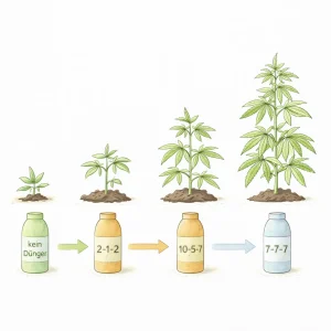Cannabis Pflanzen in der Wachstumsphase mit verschiedenen NPK-Düngern von kein Dünger über 2-1-2 bis 10-5-7 und 7-7-7 für optimales Wachstum