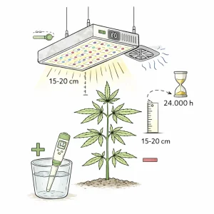 Cannabis Indoor Anbau: LED Growlampe mit optimalem Abstand von 15 bis 20 cm und modernen Beleuchtungssystemen
