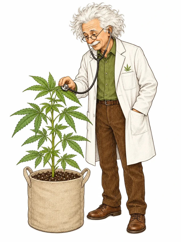 Einstein-artiger Cannabis Doc untersucht eine Pflanze mit Stethoskop zur Diagnose von Wachstumsproblemen