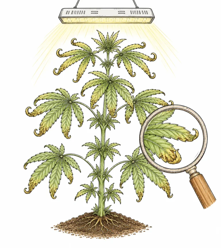 Cannabis plant with curled leaf tips under strong LED lighting as a sign of heat stress