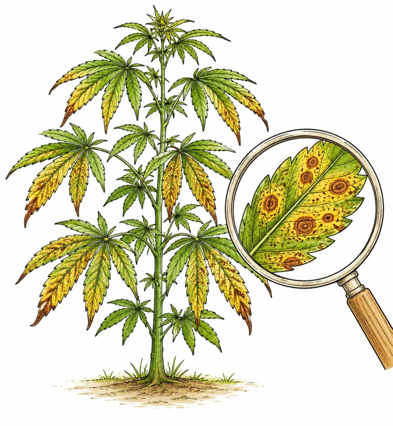Cannabis Blätter braune Flecken: betroffene Pflanze in der Gesamtansicht