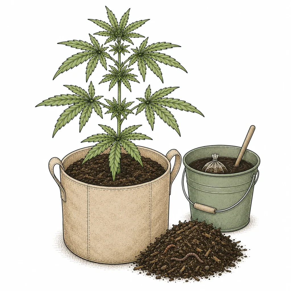Organischer Cannabis Anbau: Cannabispflanze im Stofftopf neben Komposttee-Eimer und natürlichem Kompost