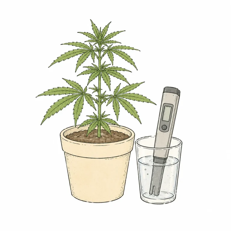Grower’s hand holding a pH meter next to a cannabis pot