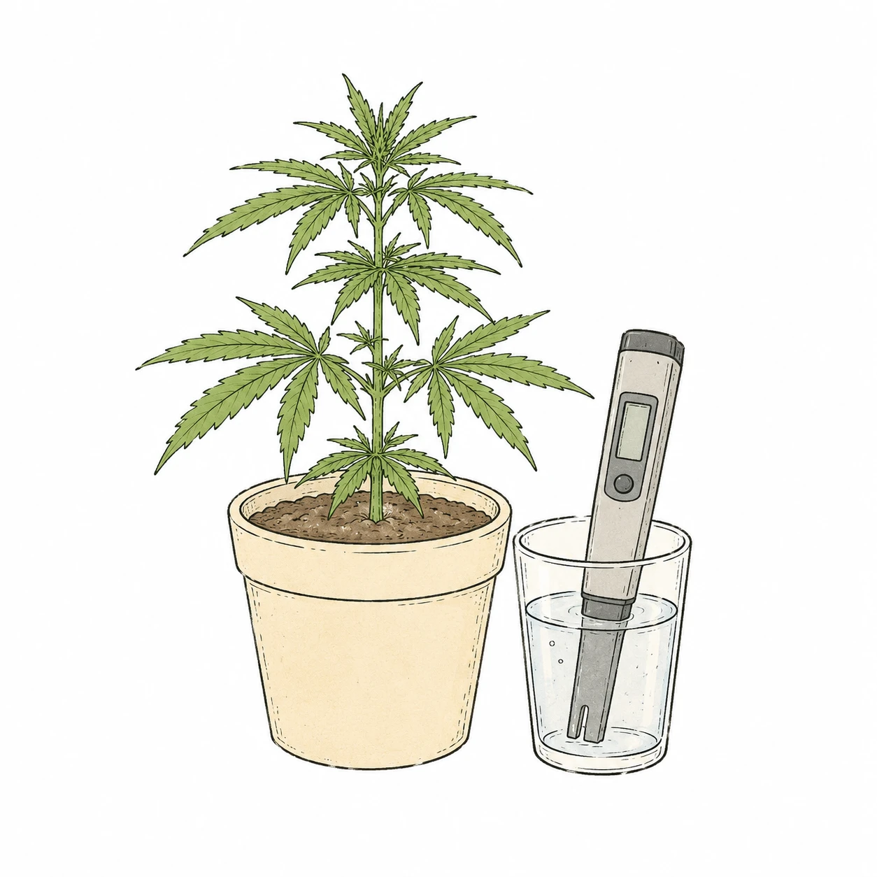 Cannabis pH-Wert messen mit digitalem Messgerät im Wasserglas
