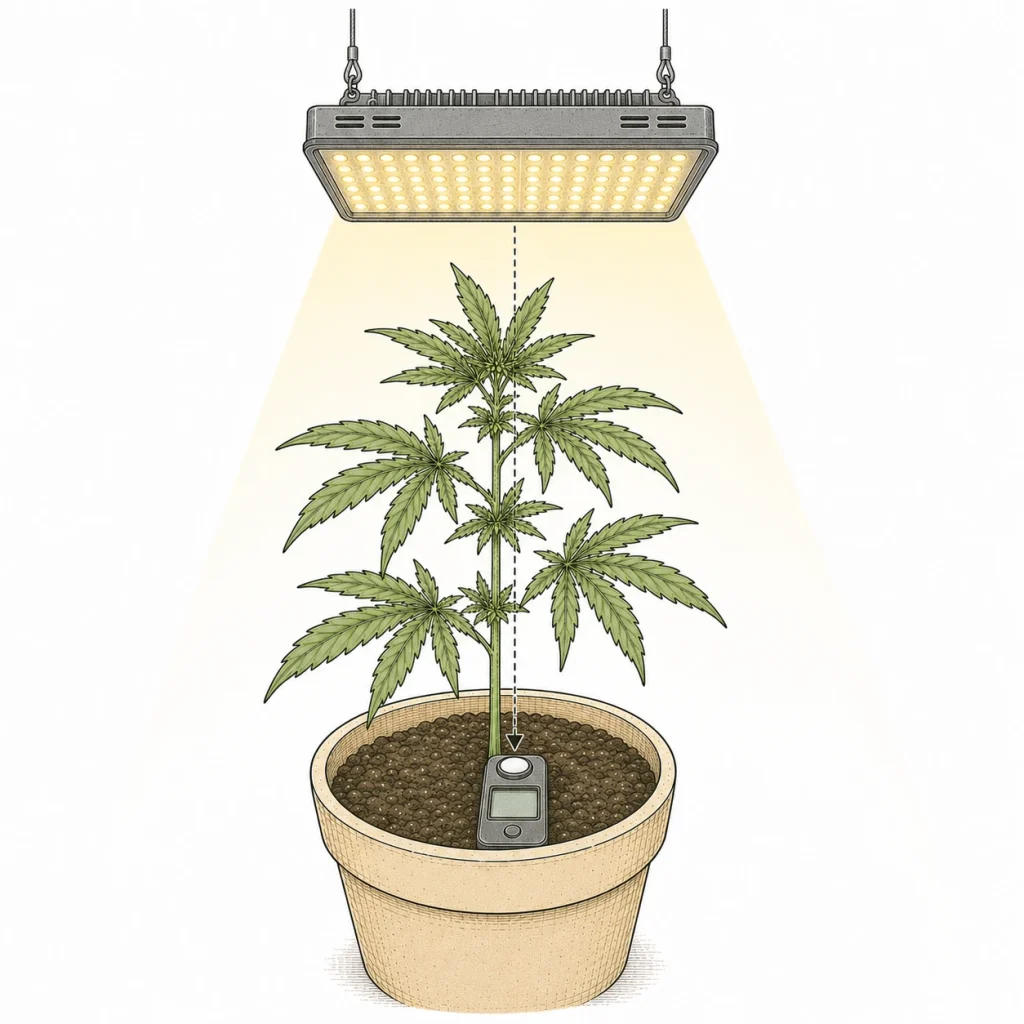 PPFD Cannabis Lichtmessung mit PAR-Meter im Growraum