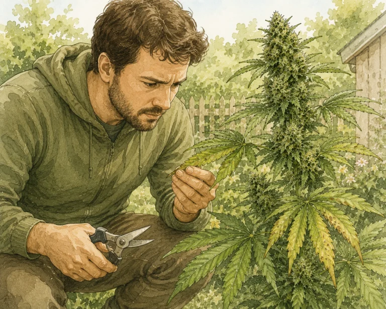 Beginner grower thoughtfully examining an outdoor cannabis plant with pruning shears in hand