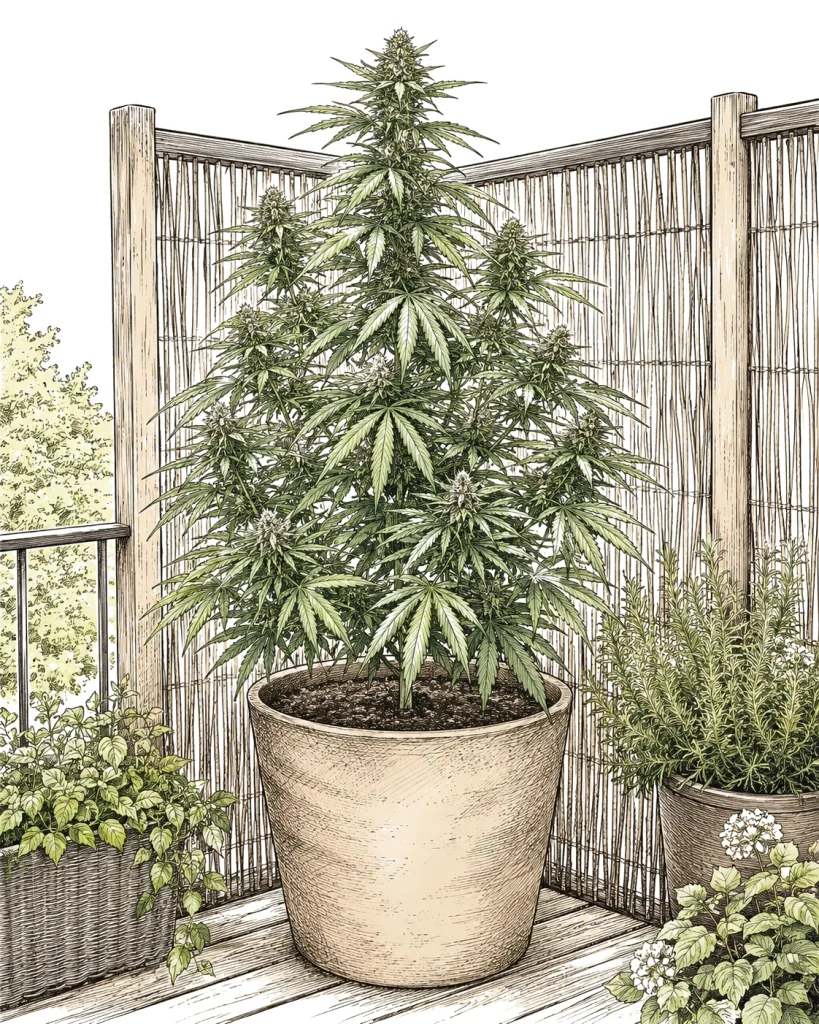 Potted cannabis plants in a sunny spot, showing how growing cannabis on a balcony works in a small space