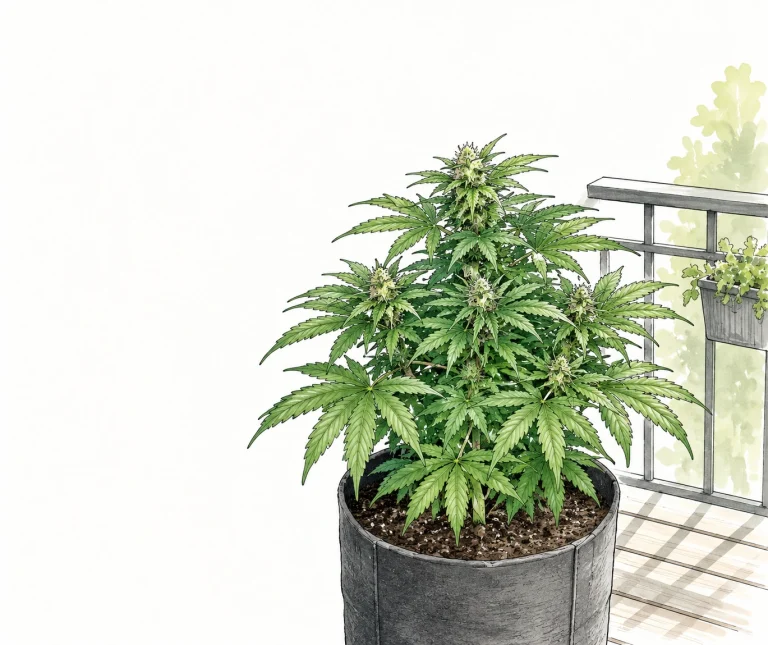 Compact autoflower cannabis plant on a balcony with dense growth and healthy green leaves
