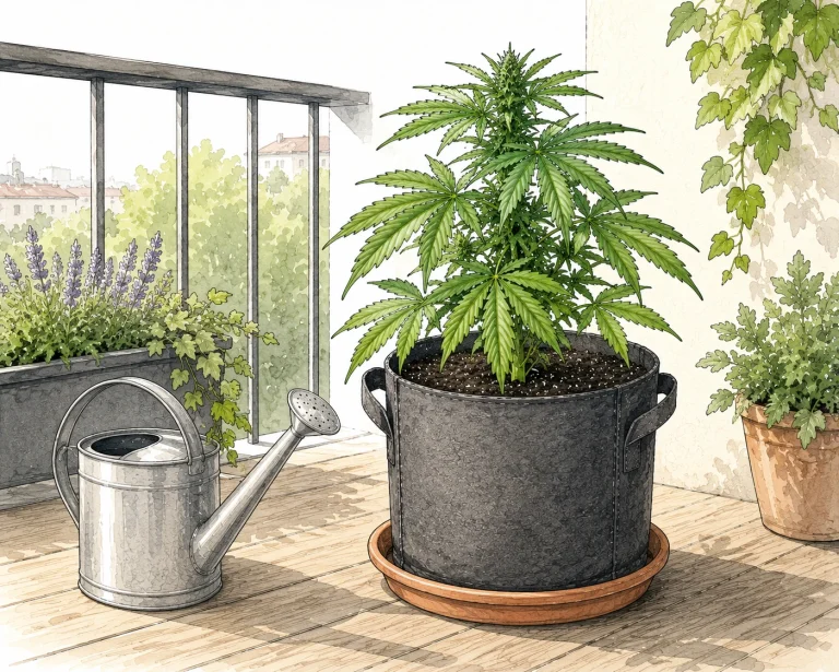 Watering can next to a healthy potted cannabis plant on a balcony with a visible saucer and green leaves