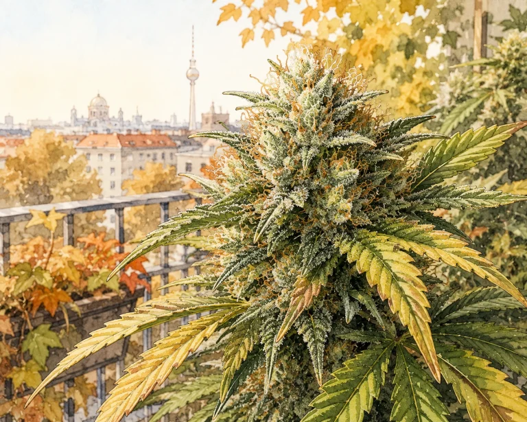 Ripe cannabis bud on a balcony with visible trichomes, orange pistils and fall surroundings