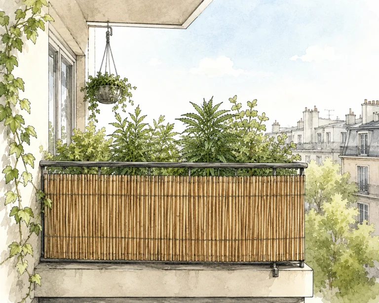 Balcony with a bamboo privacy screen and green plants behind it in an urban setting, cannabis plant discreetly hidden