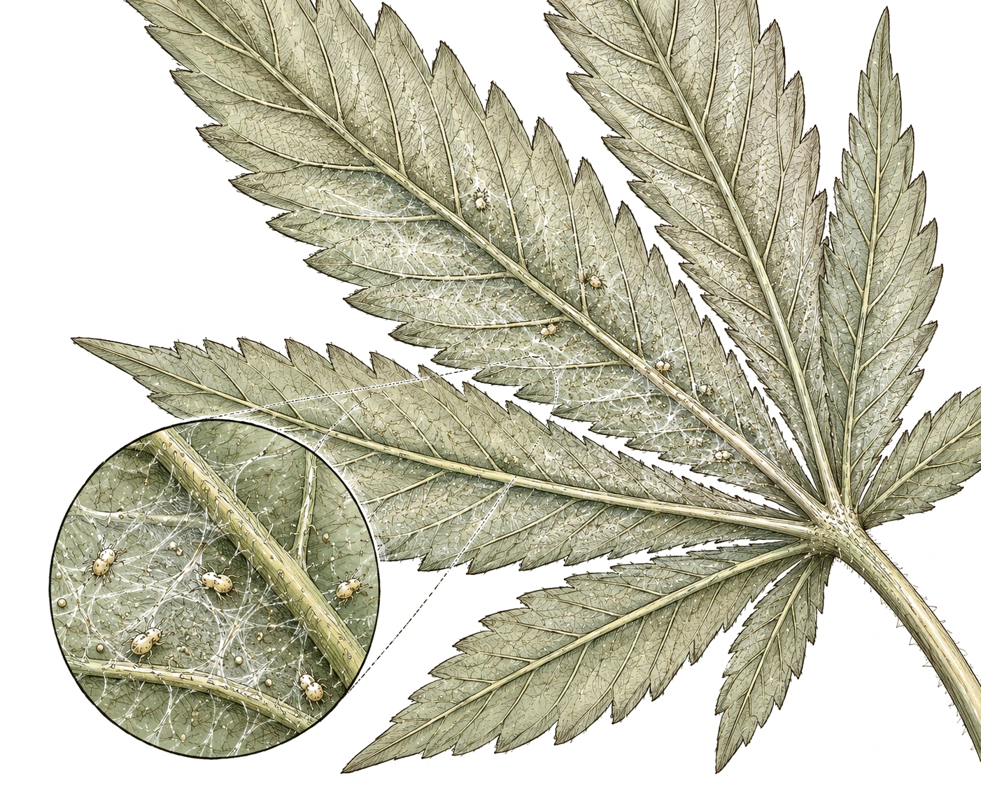 Cannabis Schädlinge: Spinnmilben-Gespinst am Blatt erkennen