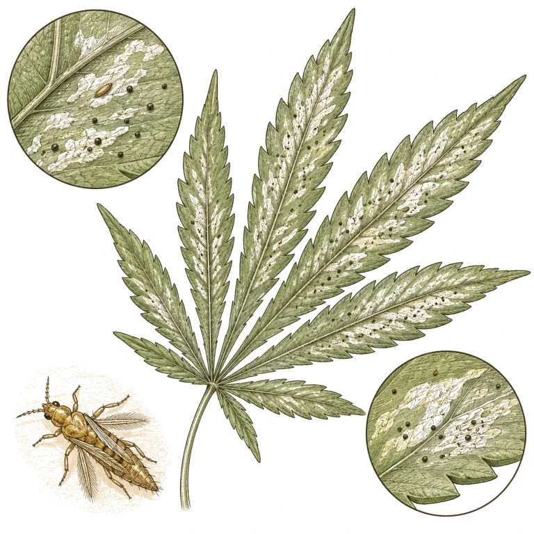 Botanische Illustration eines Cannabisblattes mit Thrips-Schäden