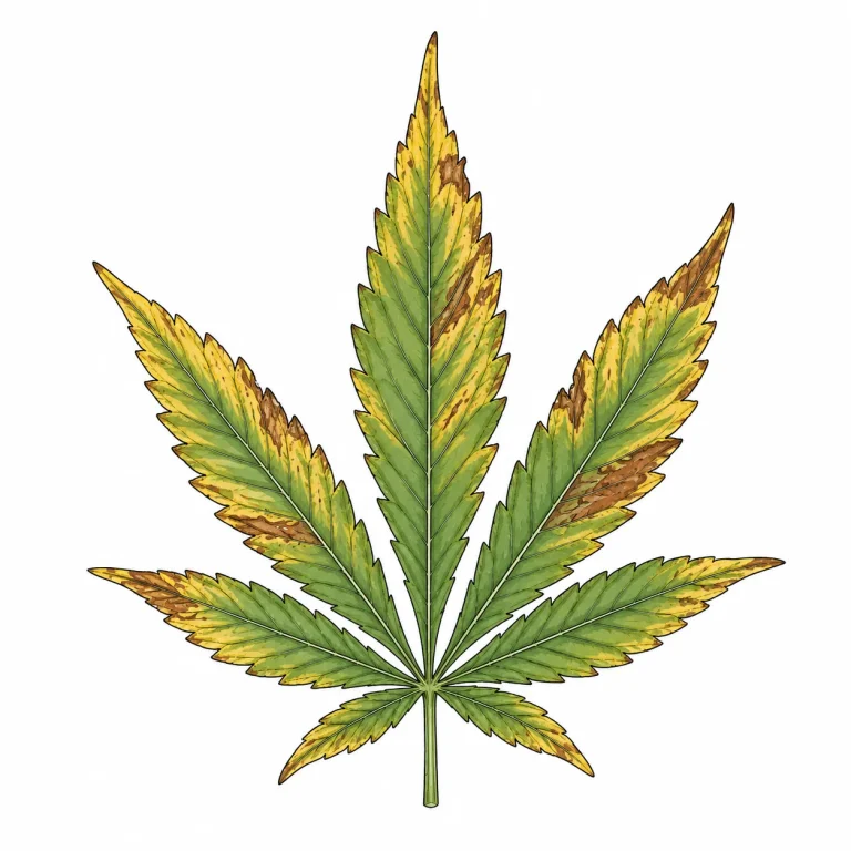 Cannabis leaf with deficiency symptoms caused by root stress: yellow edges and brown spots