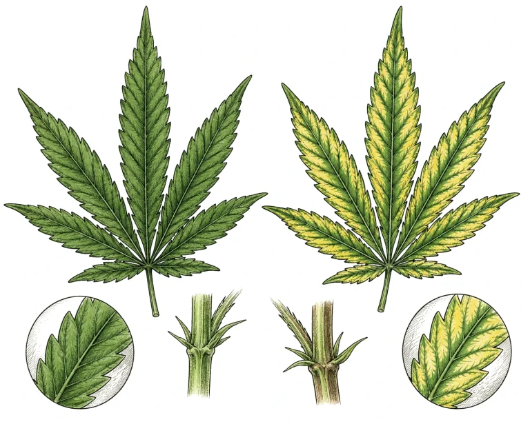 Cannabis leaf comparison: healthy vs. chlorosis caused by the wrong pH