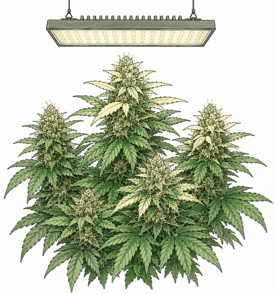 Cannabis zu viel Licht: Blüten in der späten Blütephase mit leicht verblassten Sugar Leaves