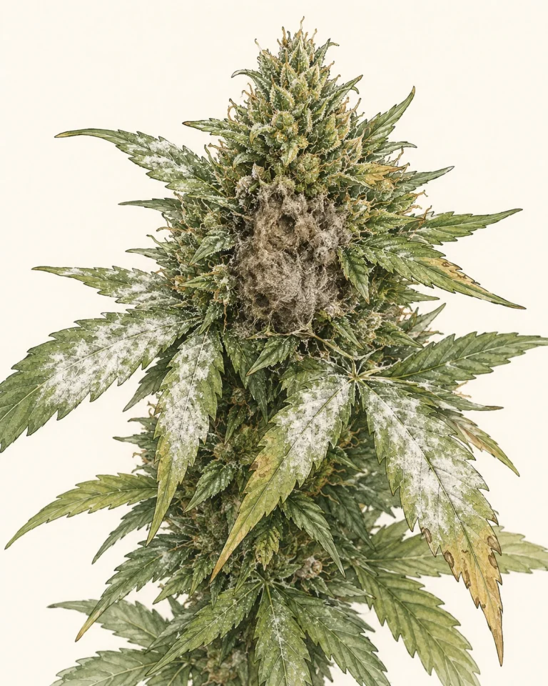 Cannabis bud with visible bud rot and a white powdery mildew coating on several leaves