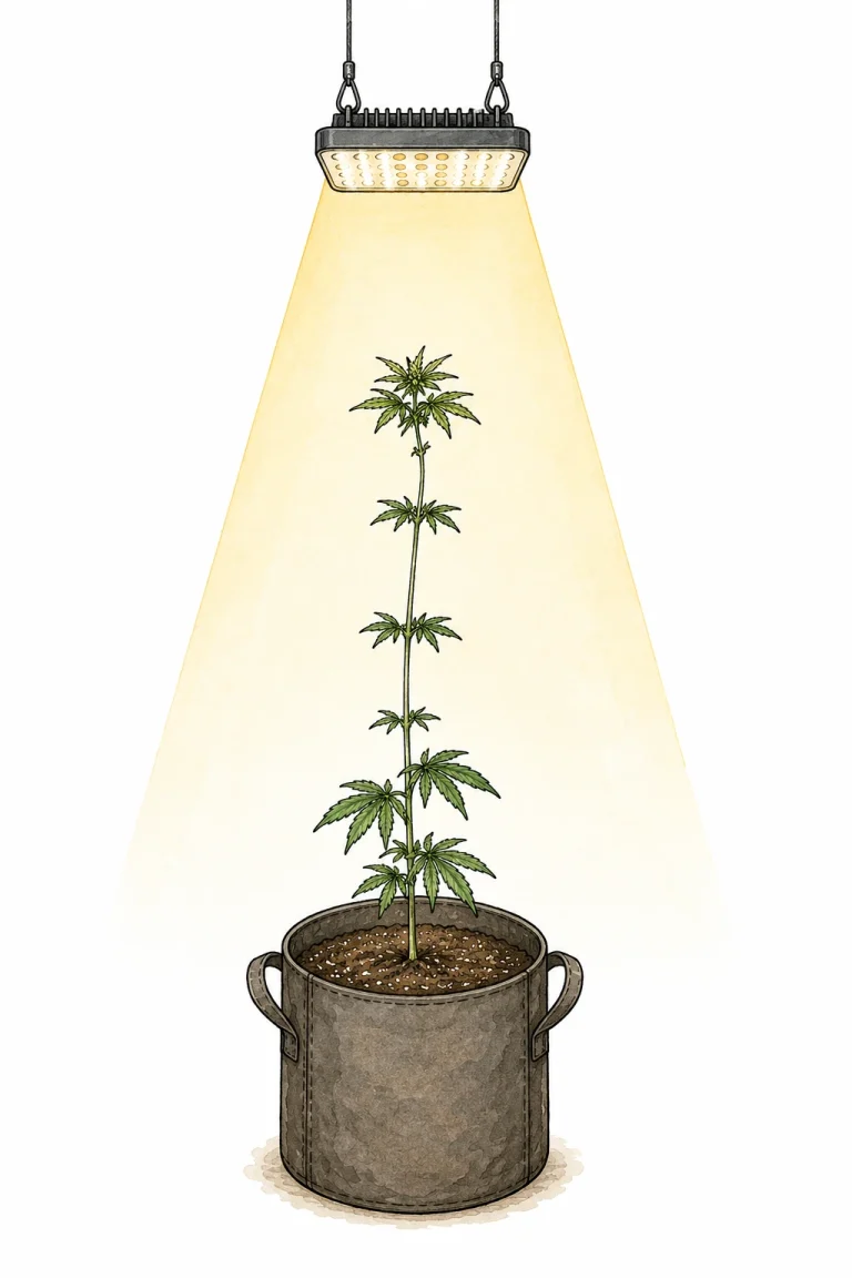 Cannabis plant stretching toward a distant LED light (etiolation)