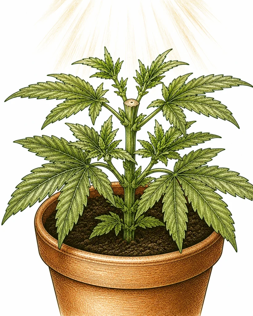 Fimming bei Cannabis — Wachstumsspitze zu drei Vierteln abgetrennt, vier neue Triebe sprießen