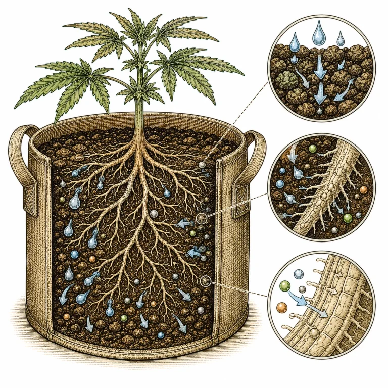 Cannabis watering and nutrient uptake at the root, shown in cross-section