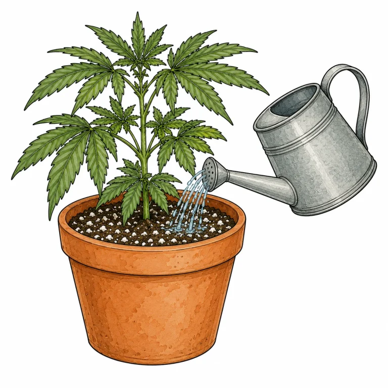 Grower watering a cannabis plant with a watering can in a well-draining growing medium with visible perlite