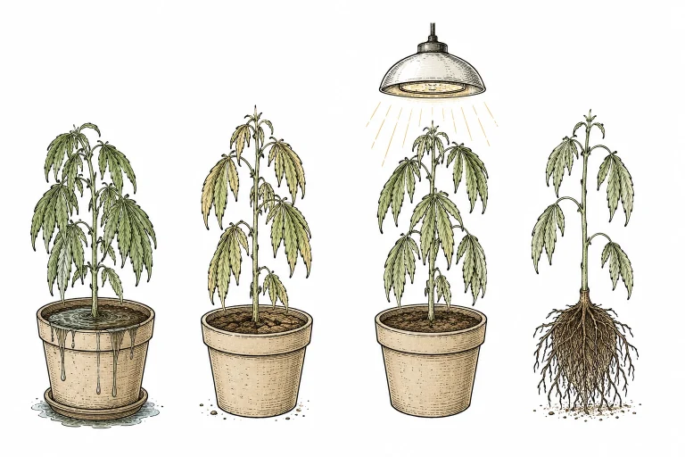 Overview of the four causes of drooping cannabis leaves