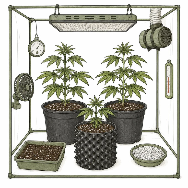 Preventing cannabis root problems: indoor grow with air pots, a hygrometer and a perlite-amended growing medium
