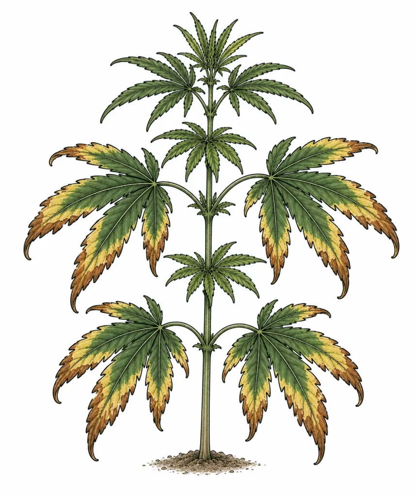 Cannabis potassium deficiency: older fan leaf with brown, burnt-looking edges and tips