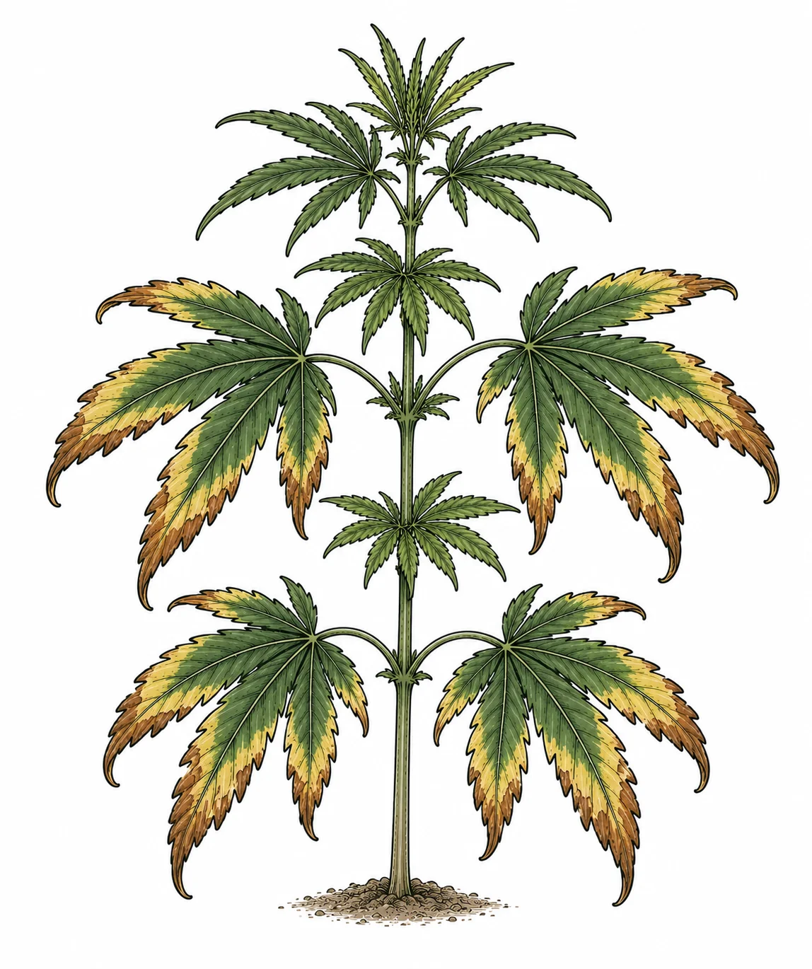 Cannabis potassium deficiency — brown leaf edges