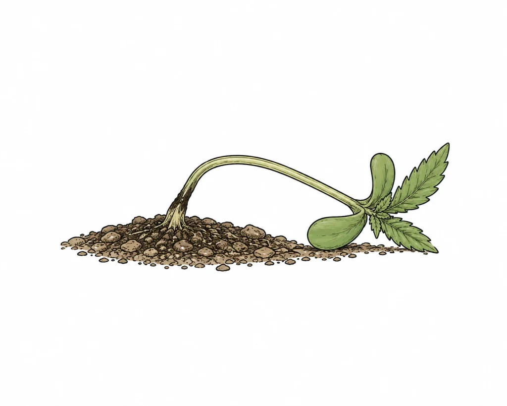 Damping off cannabis: seedling tipped over with a dark, pinched stem right above the growing medium