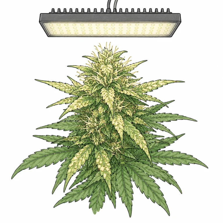Cannabis zu viel Licht: LED-Lichtverbrennung mit weißlich-gelben Flecken auf den obersten Blättern