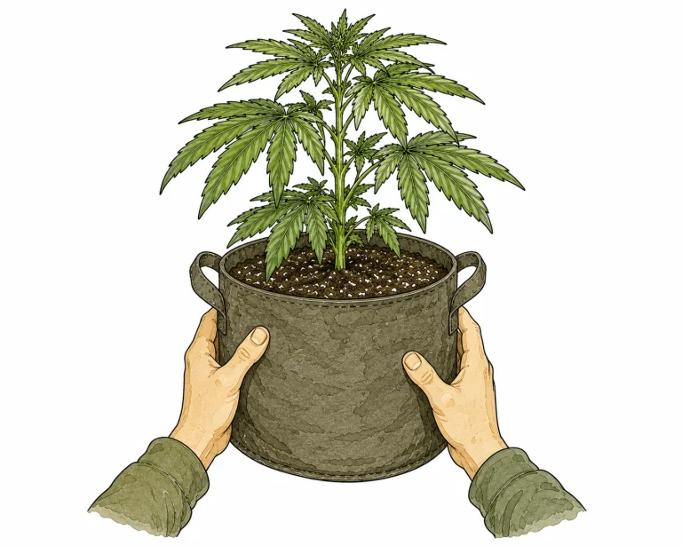 Grower lifting a cannabis pot to check its weight – the lift test for checking when to water