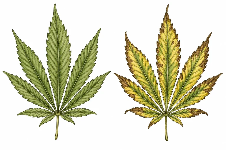 Cannabis leaf comparison: healthy vs. nutrient burn in living soil