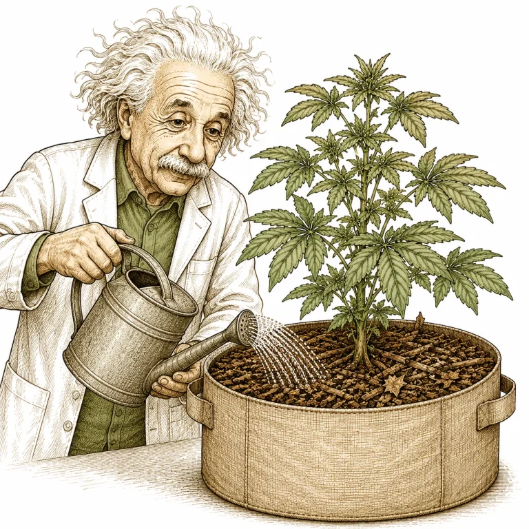 Watering cannabis living soil with a mulch layer