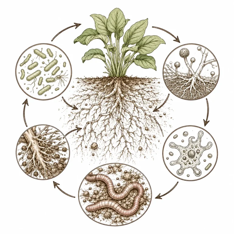 Cannabis living soil food web with bacteria, fungi and worms