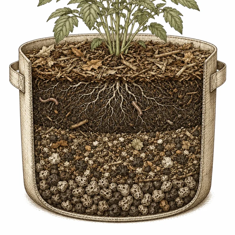 Cross-section of cannabis living soil layers in a fabric pot