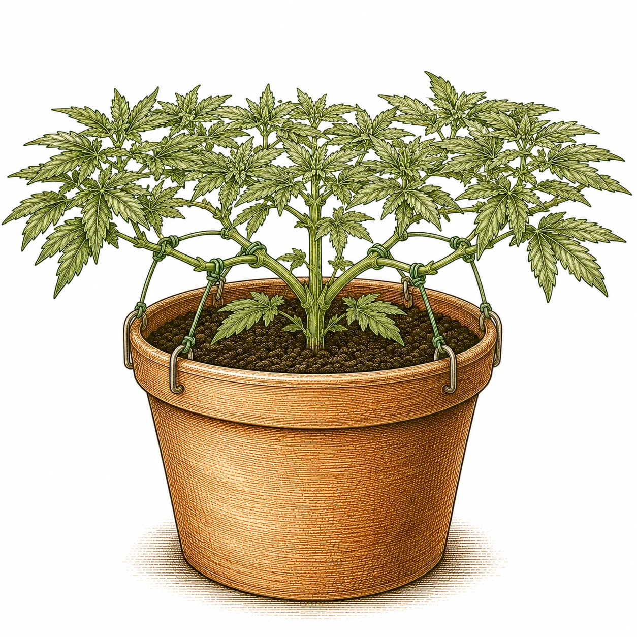 Cannabis Anbau-Techniken: LST — Äste mit Draht und Haken sanft fixiert für gleichmäßige Kronenebene