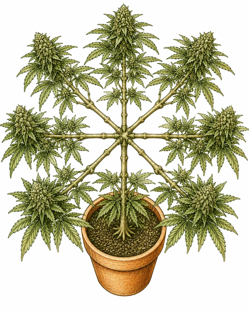 Mainlining cannabis: indoor plant trained into a symmetrical manifold with eight even main branches