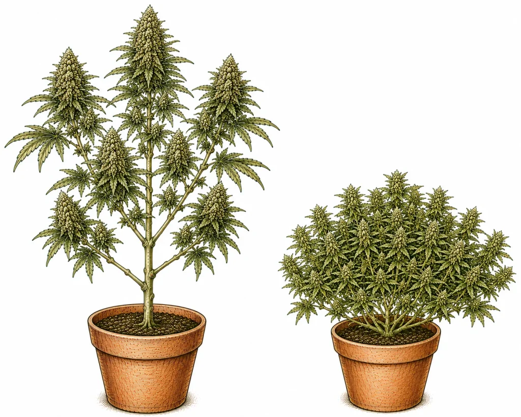Monster cropping: clone taken from a flowering cannabis plant, rooted and re-vegged into an extremely bushy plant