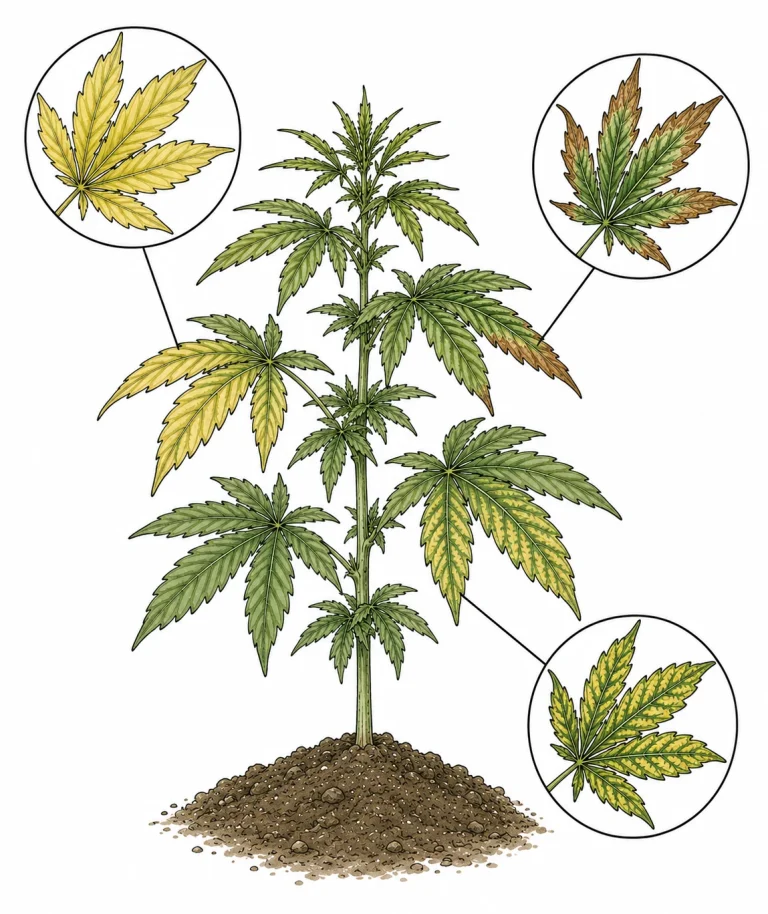 Cannabis nutrient deficiency leaf symptoms: yellowing and chlorosis