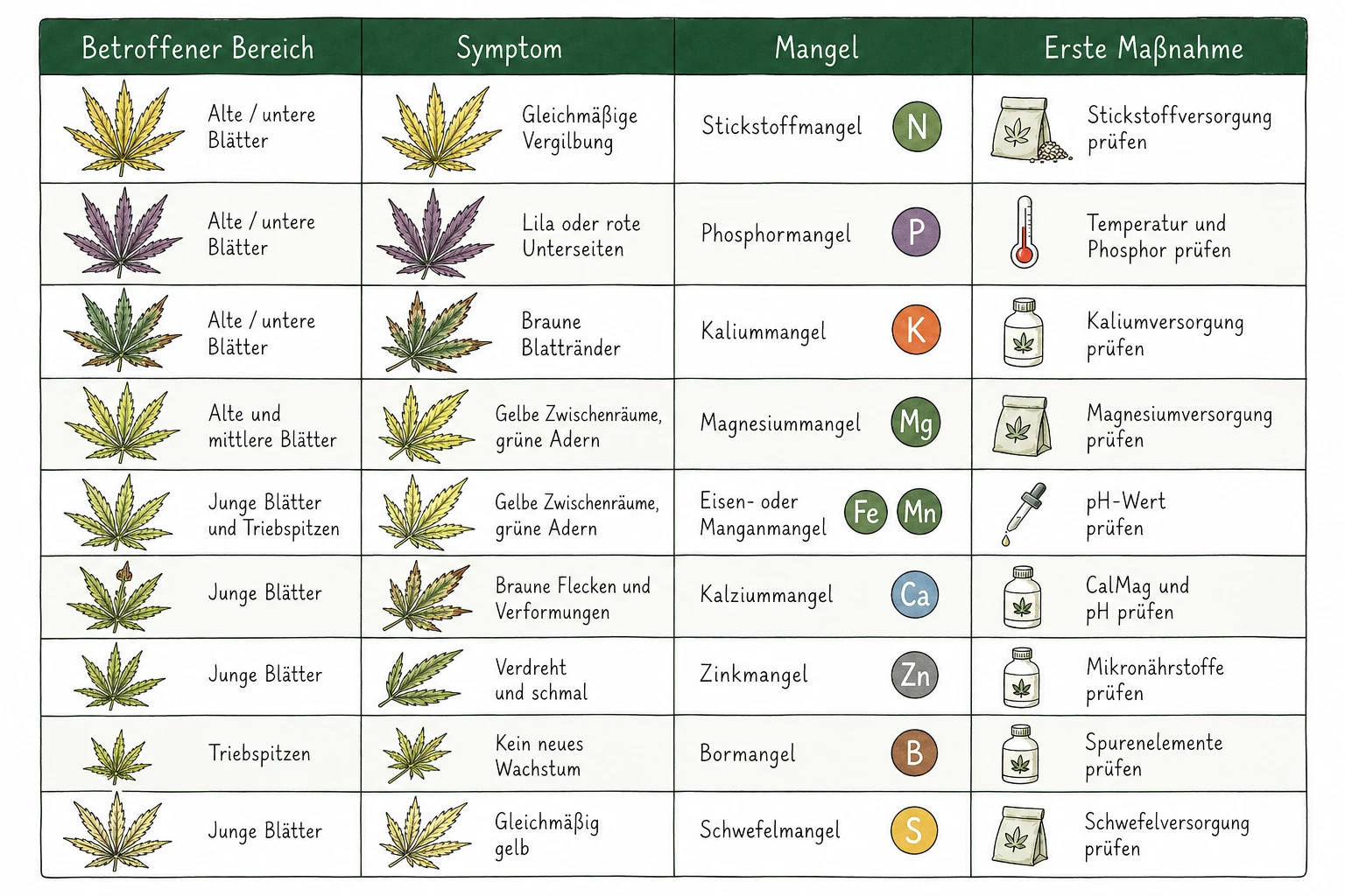 Cannabis nutrient deficiency chart: quick diagnosis table with symptoms sorted by leaf generation and deficiency