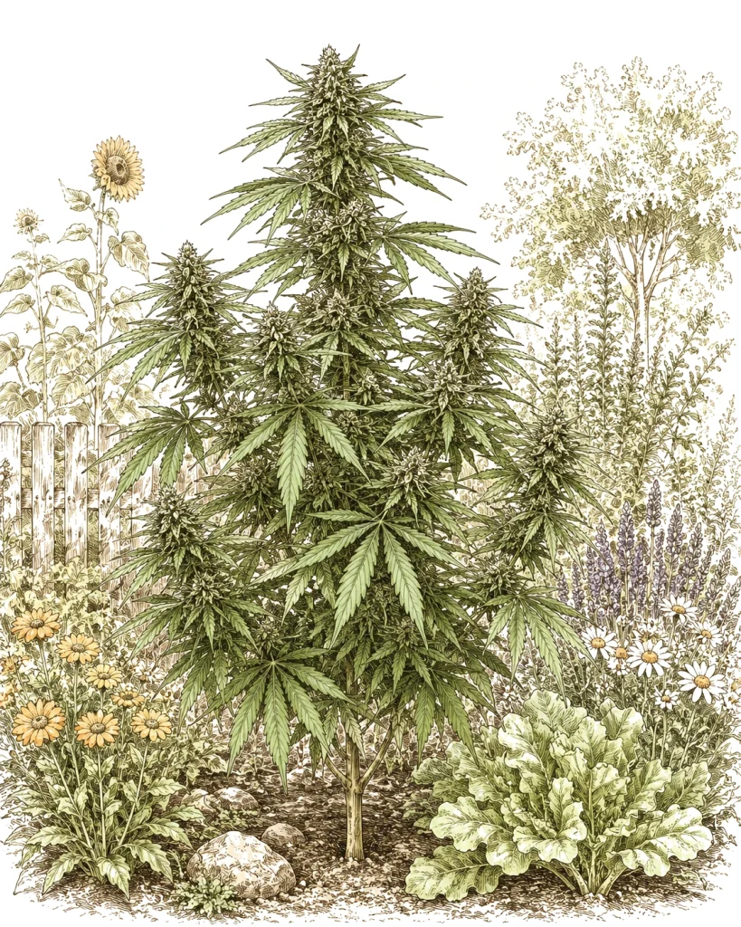 Cannabis plant thriving in a sunny garden, showing when to plant cannabis outdoors for a successful grow