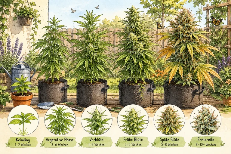 Verschiedene Outdoor Cannabis Pflanzen in unterschiedlichen Blütestadien nebeneinander in einem deutschen Garten